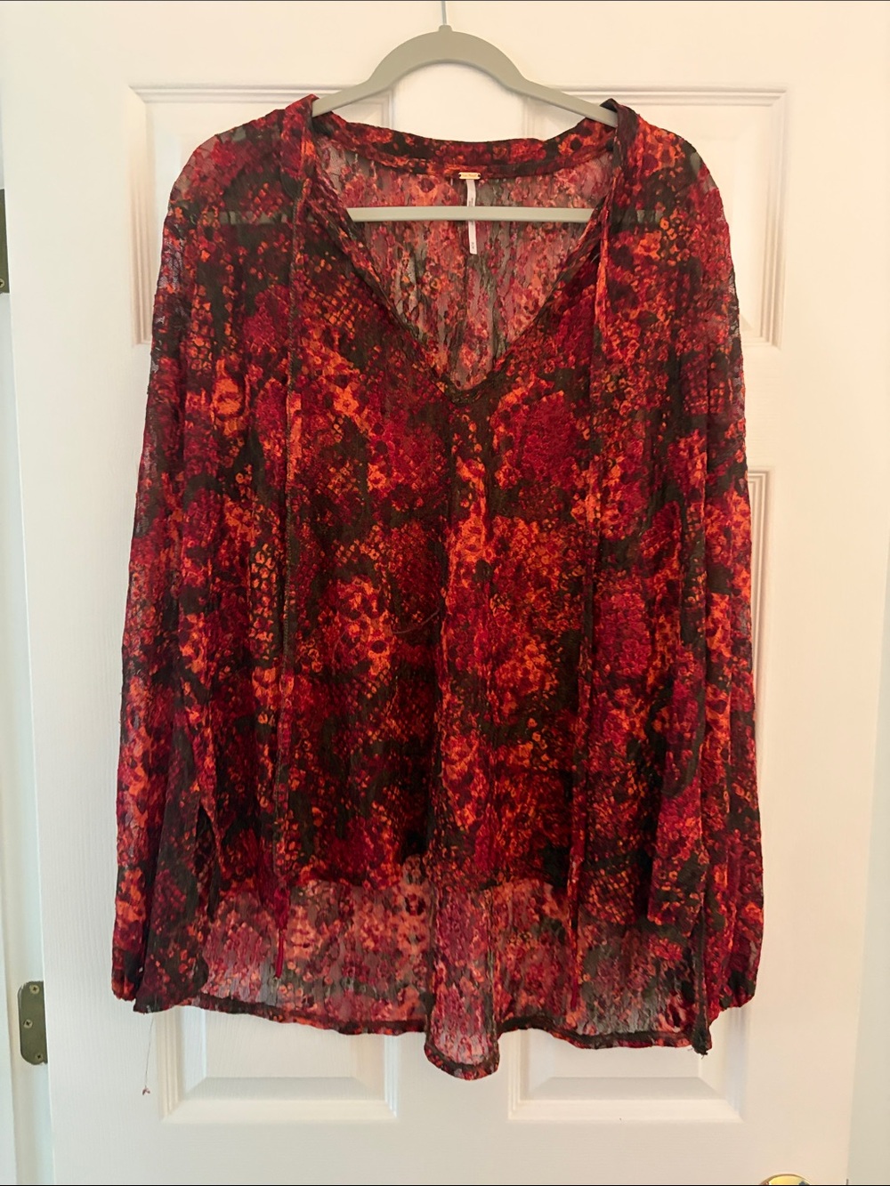 Free People Red and Black Floral V-Neck Sheer Tunic
